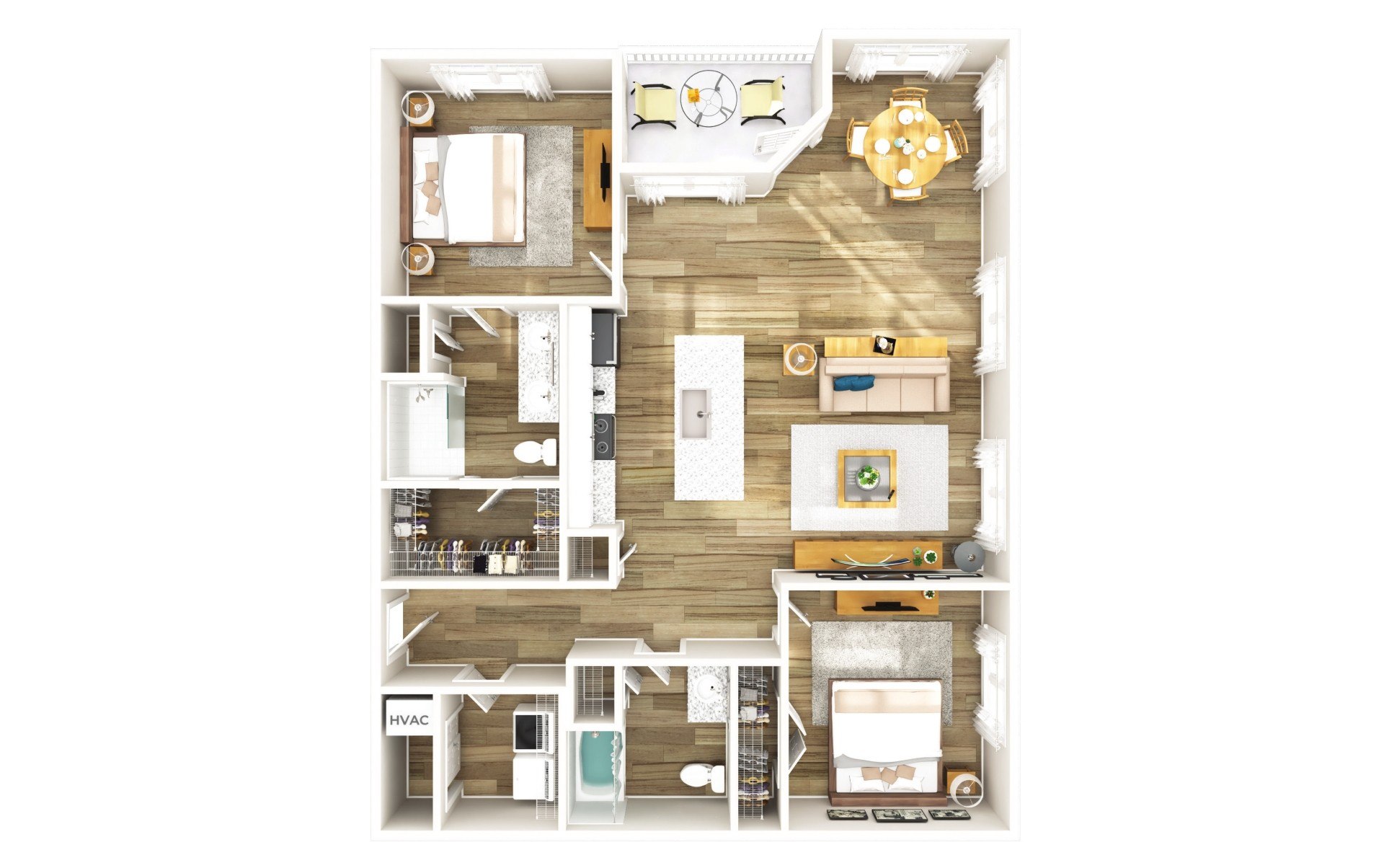 Floor plan for 2 beds, 2 baths, 1226 sqft
